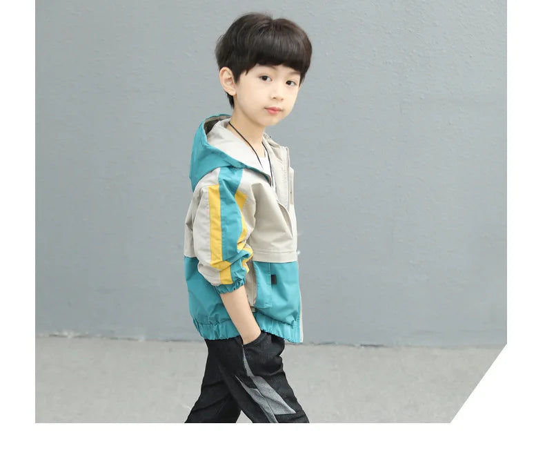 New Handsome Teenager Boys Hoodies Fashion Splicing Style Coat For Kids 3-12 Years Children Windbreaker Jacket