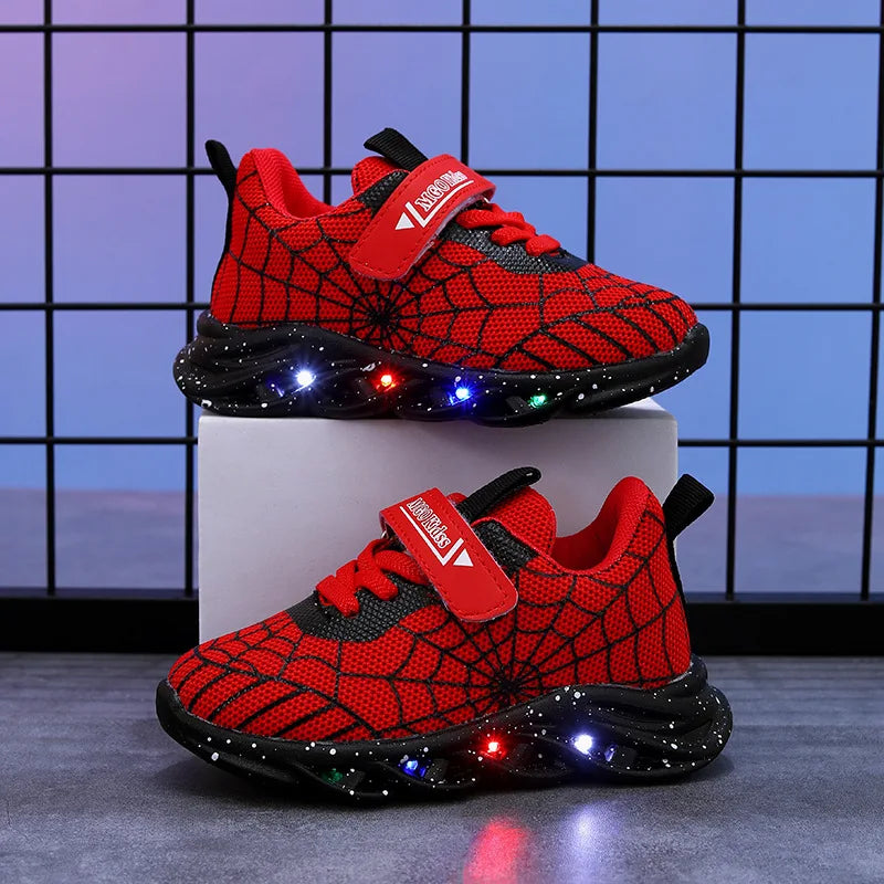 Disney LED Casual Sneakers Spider-Man Red Black For Spring Boys Mesh Outdoor Shoes Children Lighted Non-slip Shoes Size 21-30