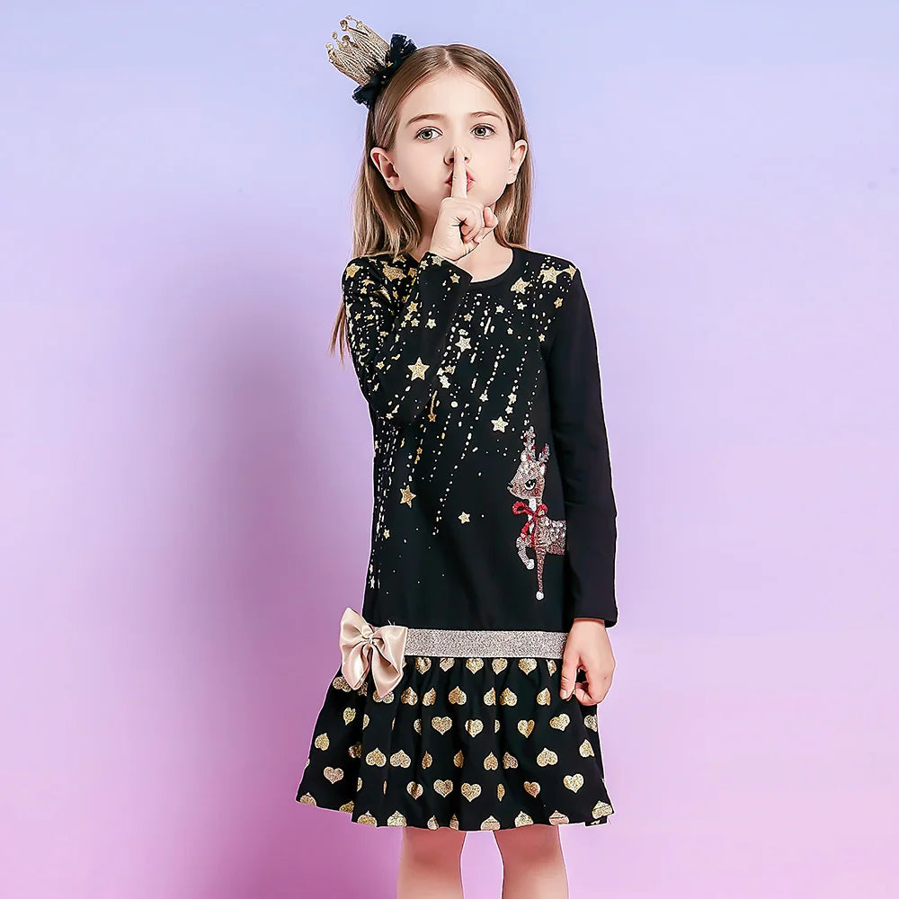 VIKITA Girls Christmas Dress Kids Golden Stars Reindeer Sequined Appliqued Festival New Year Holiday Party Bow Knot Gift Dresses