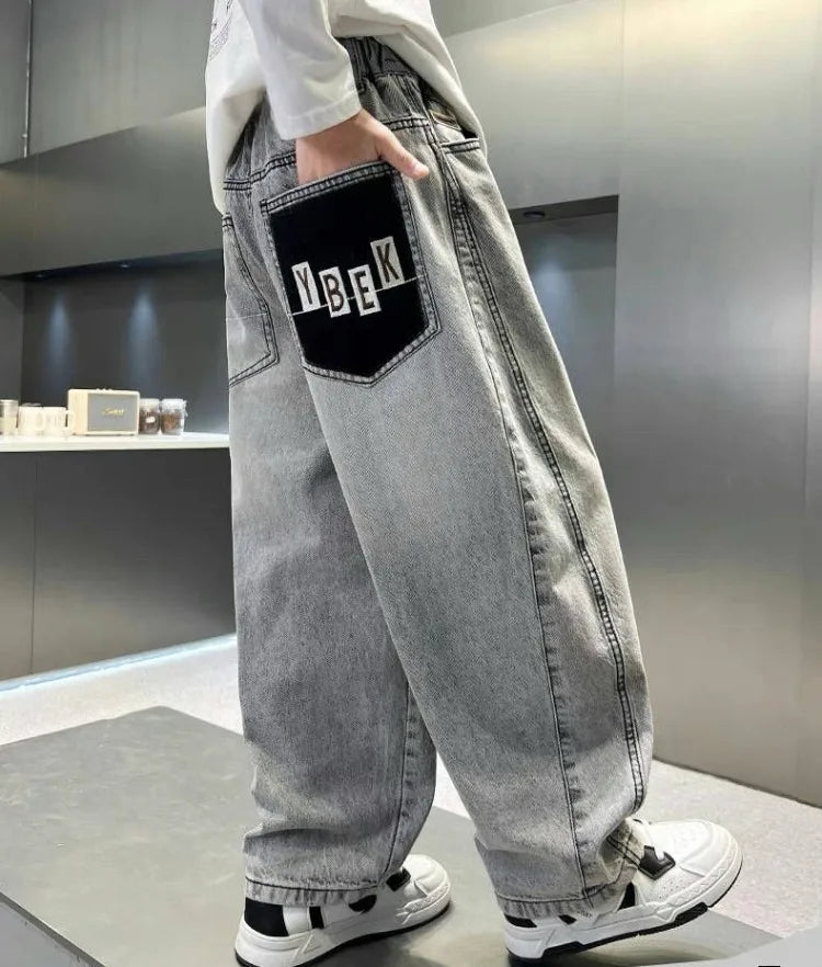Light Grey Boys' Denim Pants Spring Autumn Casual Relaxed Fit Medium To Large Kids Jeans