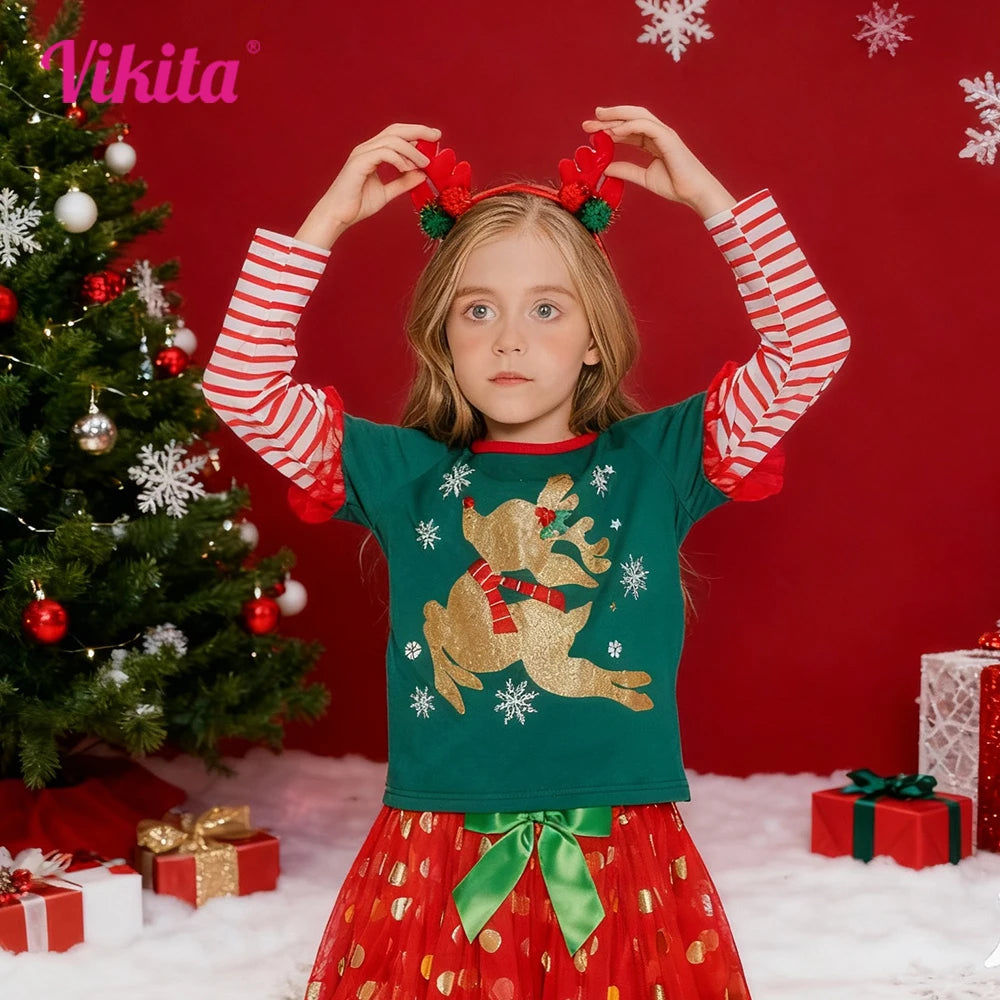 Girls Christmas Green Tops with Ruffle Sleeves Kids Reindeer Snowflake Print Soft Cotton Holiday Party Xmas Festival Tees Gift