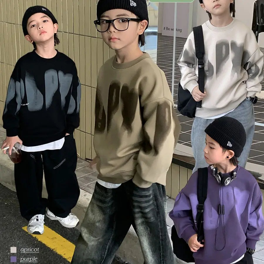 Boys' Medium To Large 2025 New Arrival No Hood Crewneck Spring/Autumn Trendy Street Style Kids Sweatshirt