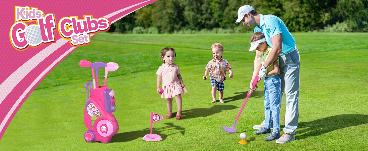 Toddler Golf Club Set Kids Golf Cart with Wheels Shoulder Strap Indoor & Outdoor Sports Toys Christmas Gift for Boys Girls