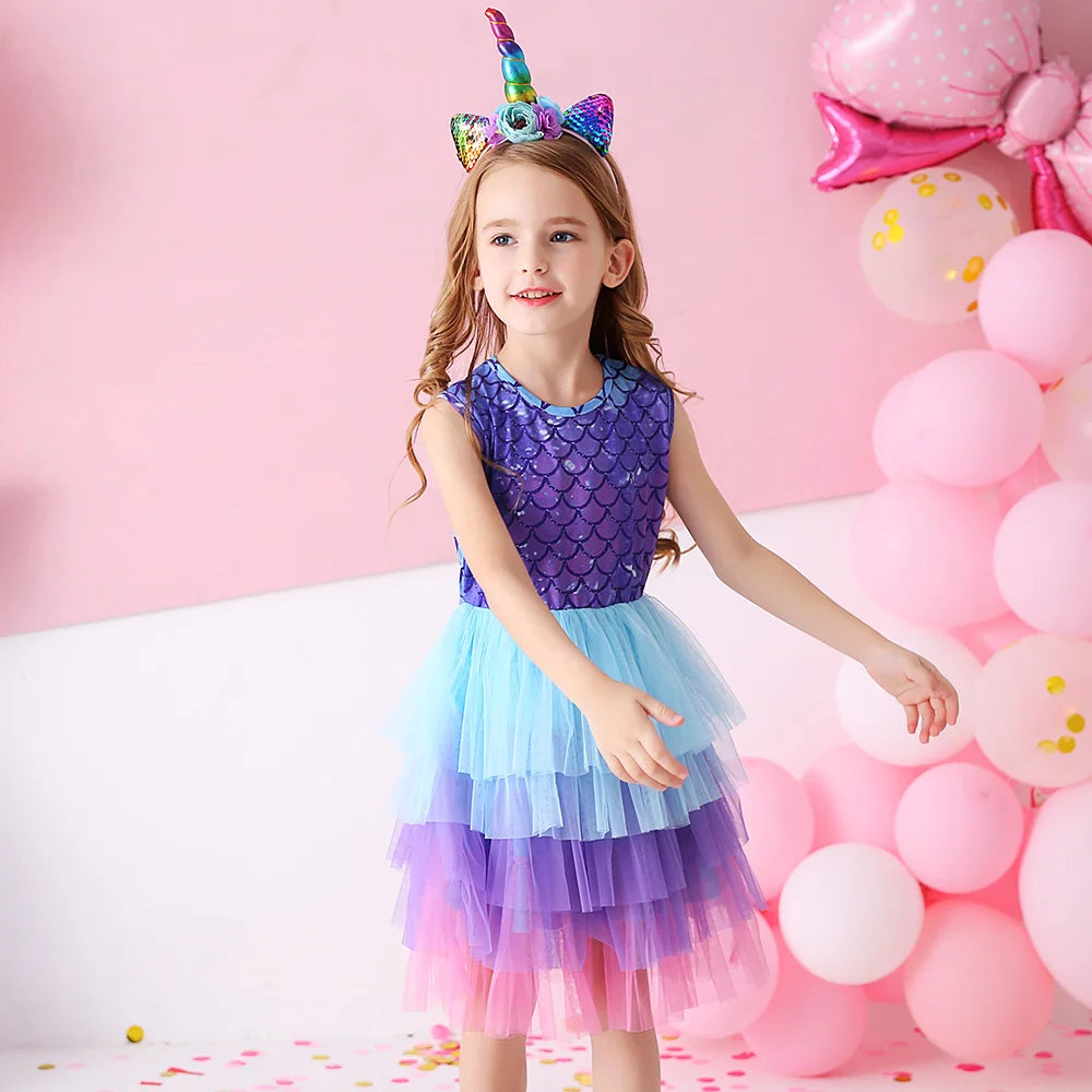 VIKITA Kids Mermaid Print Sleeveless Dress Girls Birthday Party Performance Princess Dresses Girls Mesh Layered Cake Tutu Dress