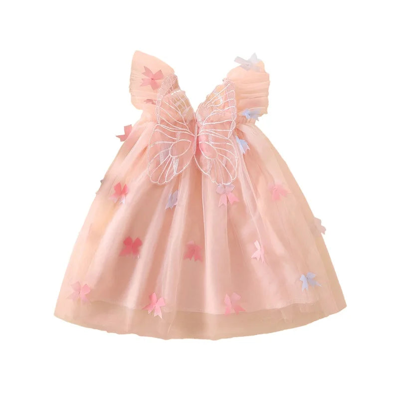 Elegant Baby Girl Lace Dress Sleeveless Square Neck Bow Tulle Princess Dress Toddler Party Dress with Angel Wings