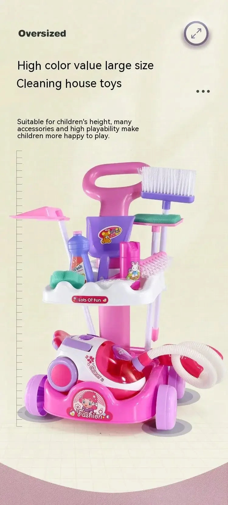 Housekeeping Cleaning Trolley Playset Caddy Includes Accessories and Toy Vacuum with Sounds and Lights Pretend Play for Girls