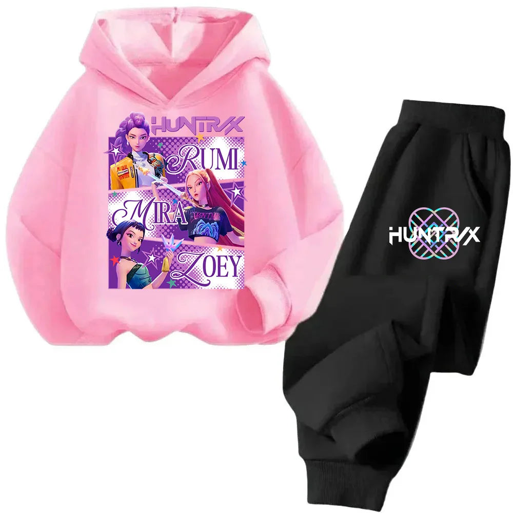 Girls Clothing 2025 Hot KPop Demon Hunter Cartoon Girls Hooded Sweatshirt Sweatpants Set Warm Children's Fashion Casual Tops