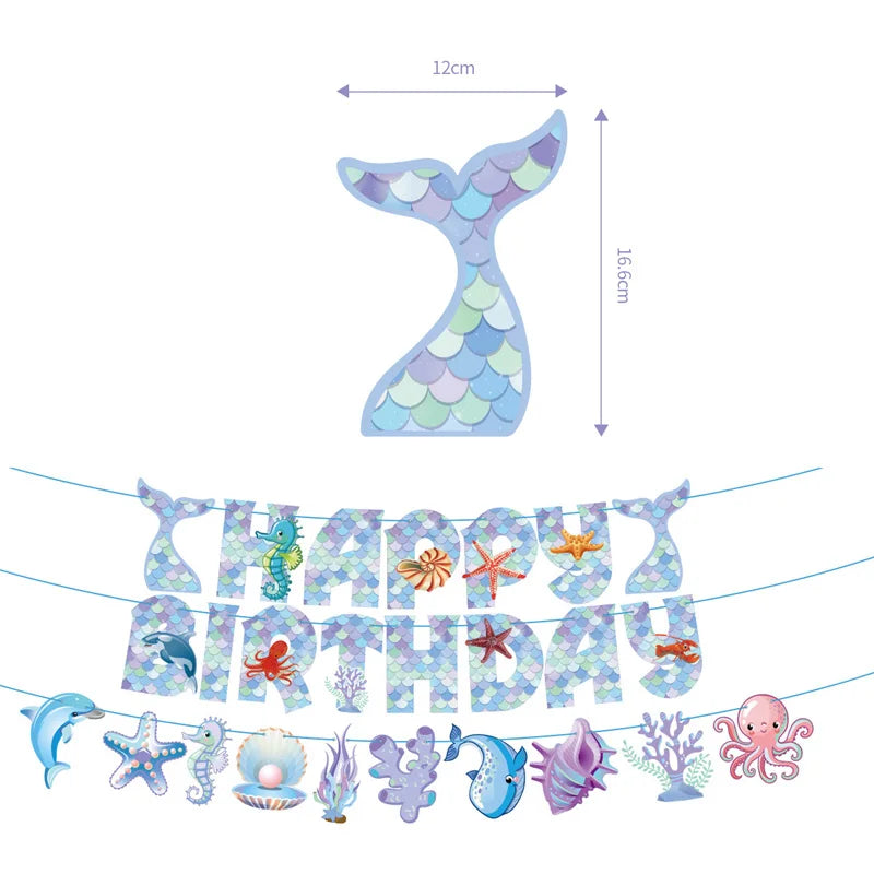 Mermaid Happy Birthday Party Decoration Banner Bunting Hanging Paper Swirls Kit for Kids Girls Under the Sea Theme Accessories