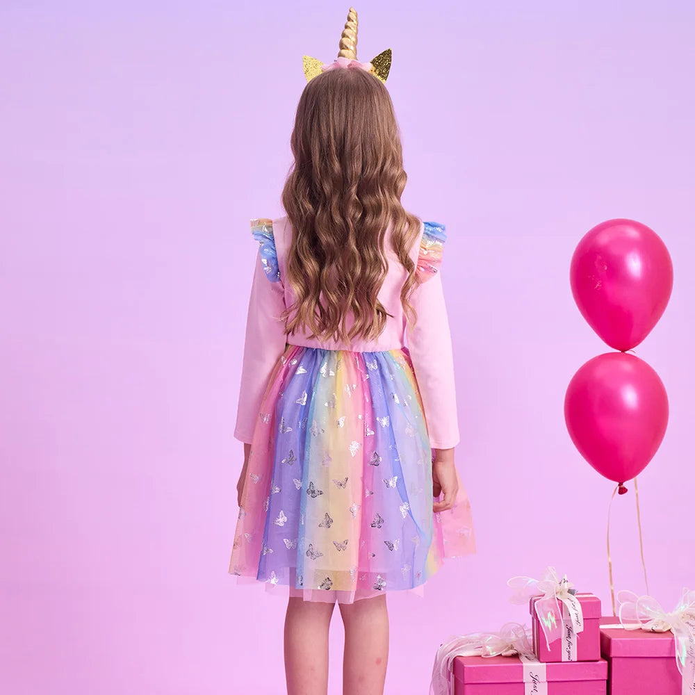 VIKITA Kids Butterfly Flower Print Flare Sleeve Dress Girls Colorful Party Vacation Performance Princess Dress for Kids Clothing