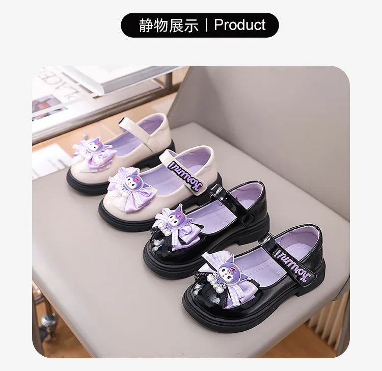 Kids'Sandals Kuromi PU Leather Bow Flat Spring Shoes For Girls Anti-slip Soft Thick Bottom White Black Shoes Size 26-36