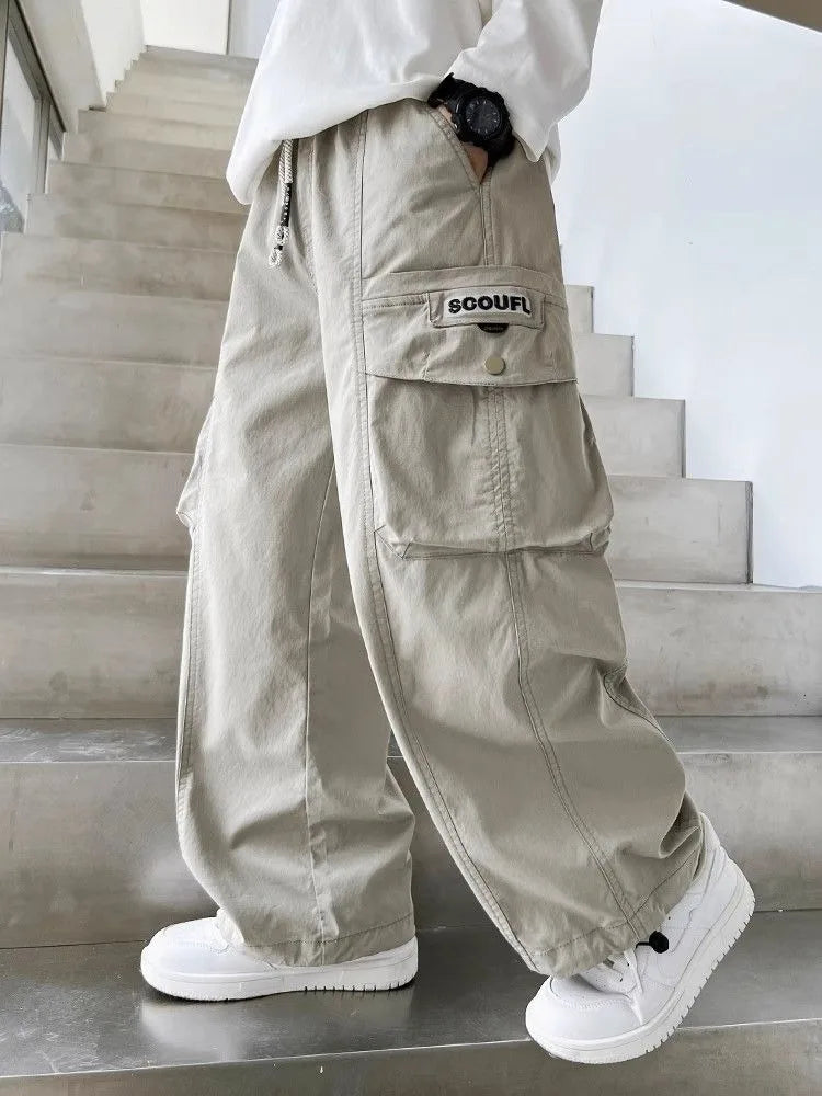 2025 Spring Autumn Boys' Cuffed Cargo Pants Straight Leg Cotton Stylish New Design