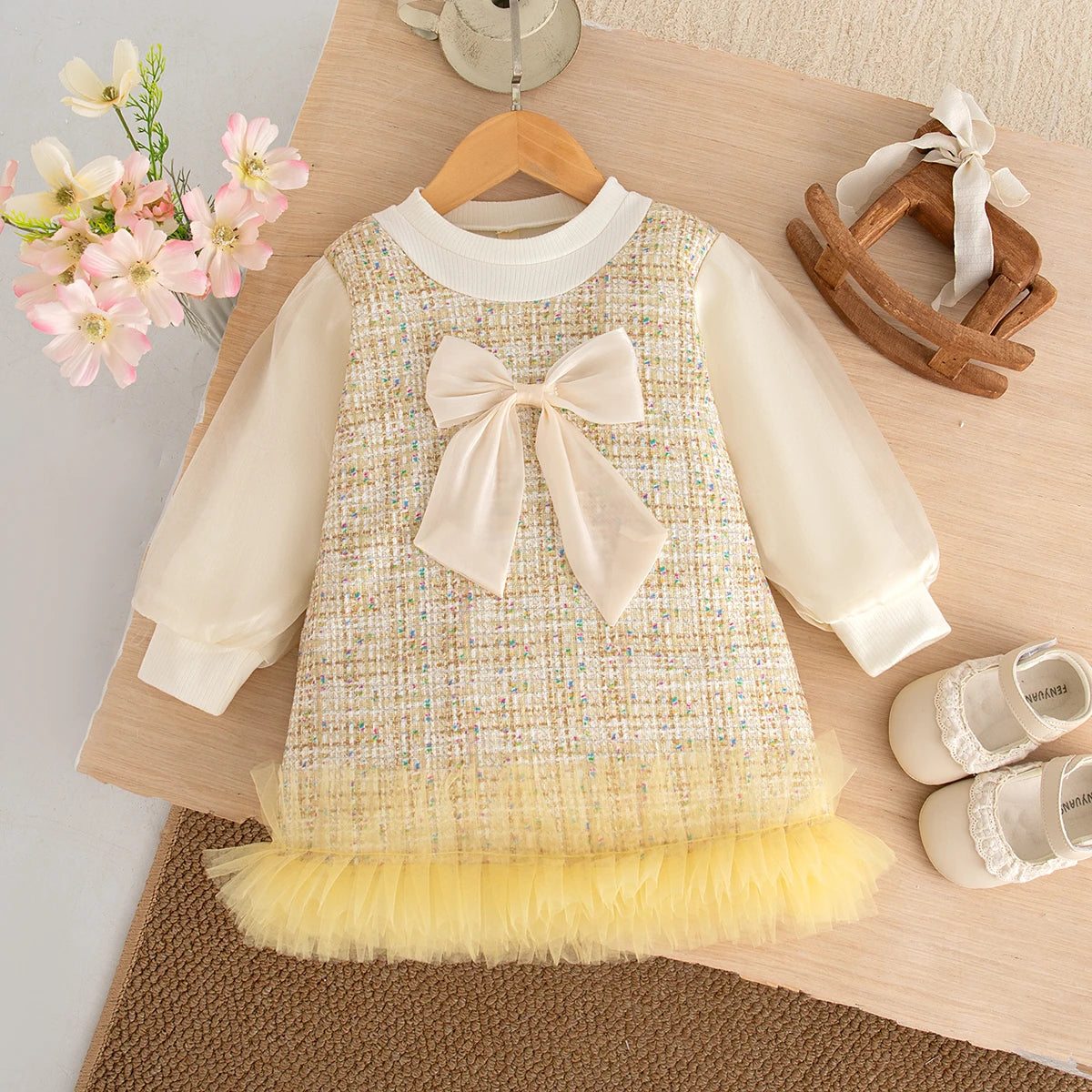 Autumn New Sweet Bow Baby Girl Princess Dress, Birthday Party Children'S Clothing Suitable For Babies Aged 9 Months To 4 Years