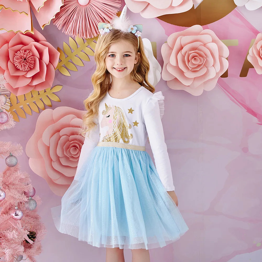 VIKITA Kids Licorne Cartoon Print Dress Girls Flare Sleeve Autumn Spring Winter Vestidos Girls Princess Mesh Tulle Party Dress