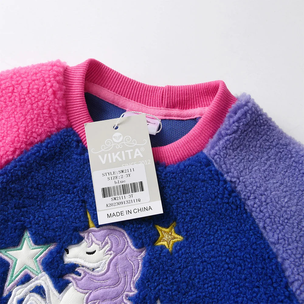 VIKITA Toddlers Licorne Star Appliqued Patchwork Sweatshirt Girls Fleece Autumn Winter Soft Sportwear Pullover Tops Costumes