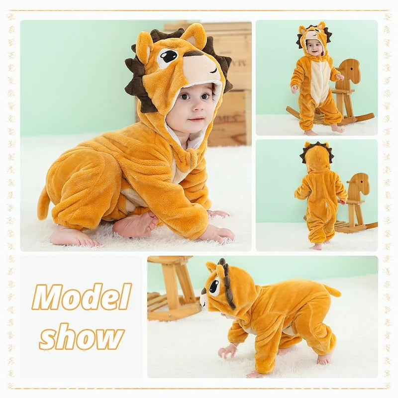 MICHLEY Halloween Costume Infant Baby Clothes Rompers Winter Flannel Hooded Bodysuits Pajamas Animals Overall Jumpsuit For Bebe