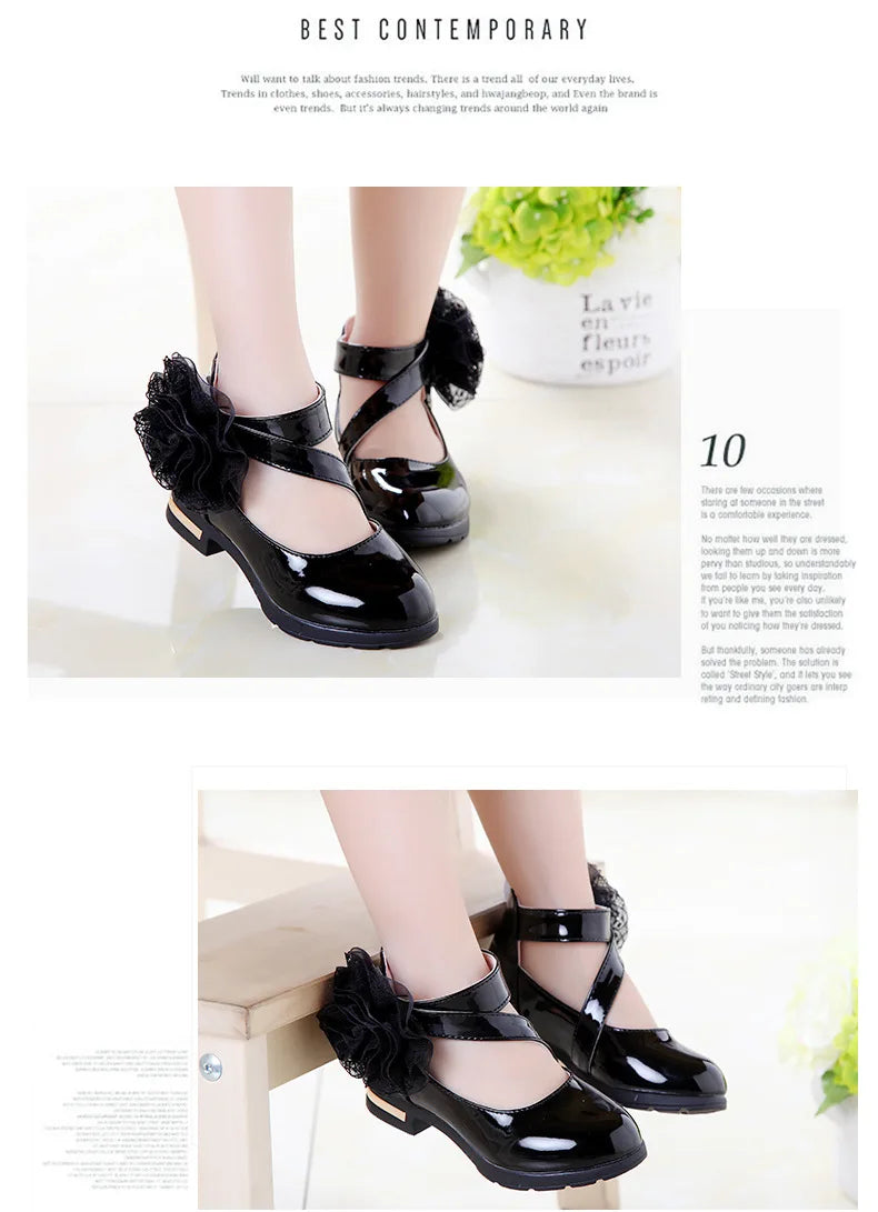 Kids Shoes Girls High Heel Princess Flower Shoes Fashion Children Shoes Leather Fashion Girls Party Dress Wedding Dance