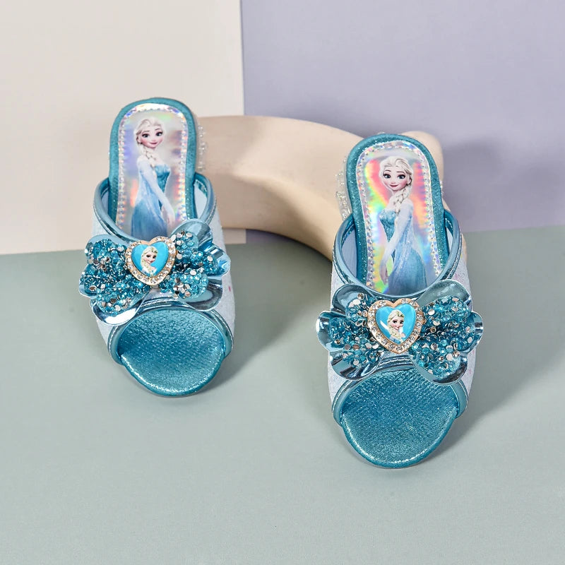Disney Kids Princess Shoes Frozen Elsa Bowknot Low Heel Slippers Casual Baby Girls Party Wedding Leather Blue Shoes Size 27-36