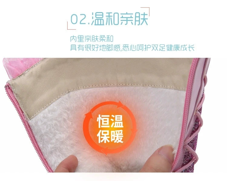 Disney Girls' Leather Boots Winter Frozen Boots Side Zipper High Plush Princess Elsa Boots Warm Children's Boots Size 27-37