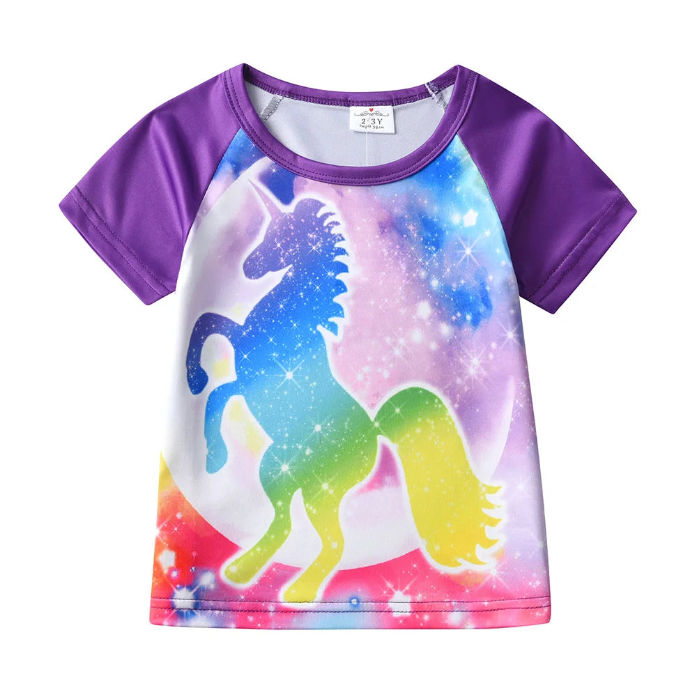 VIKITA Girls Short Sleeve T Shirt Kids Polyester Licorne Print Tees Colorful Cartoon Casual School Daily Costumes Tops and Tees