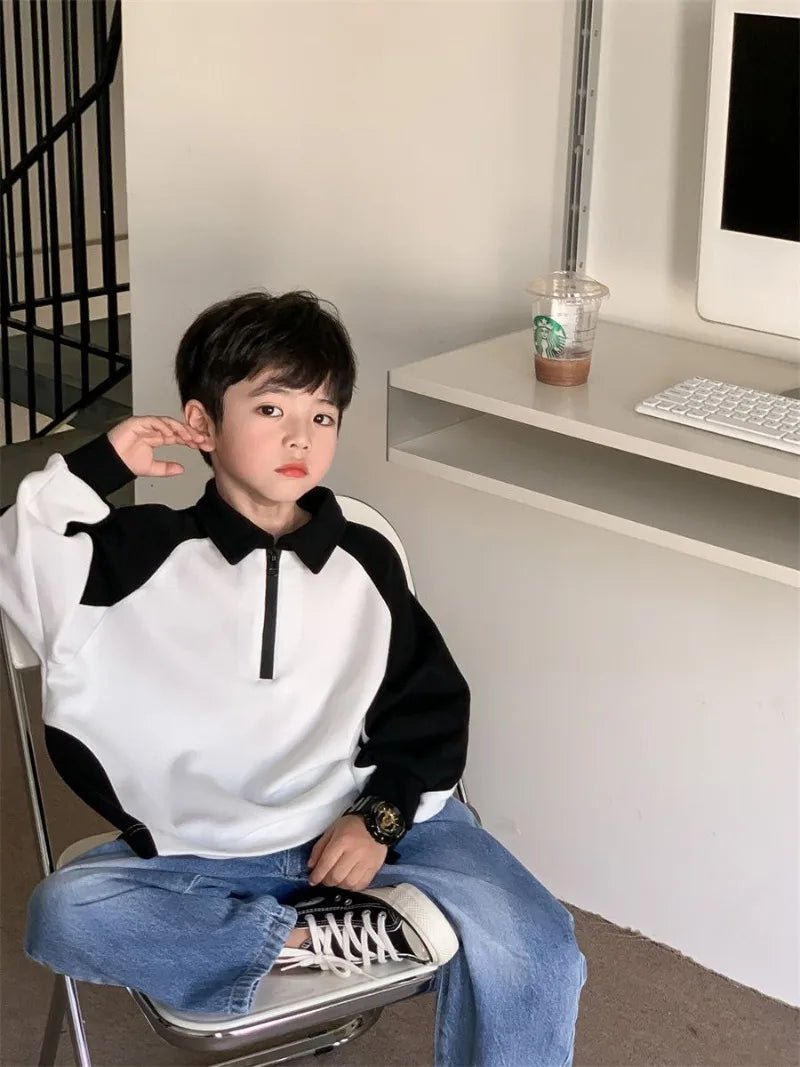 Boys' 2025 Spring/Autumn New Arrival Cotton Punk-Style Street-Savvy Trendy Polo Collar Sweatshirt - Stylish Baby Boys' Top