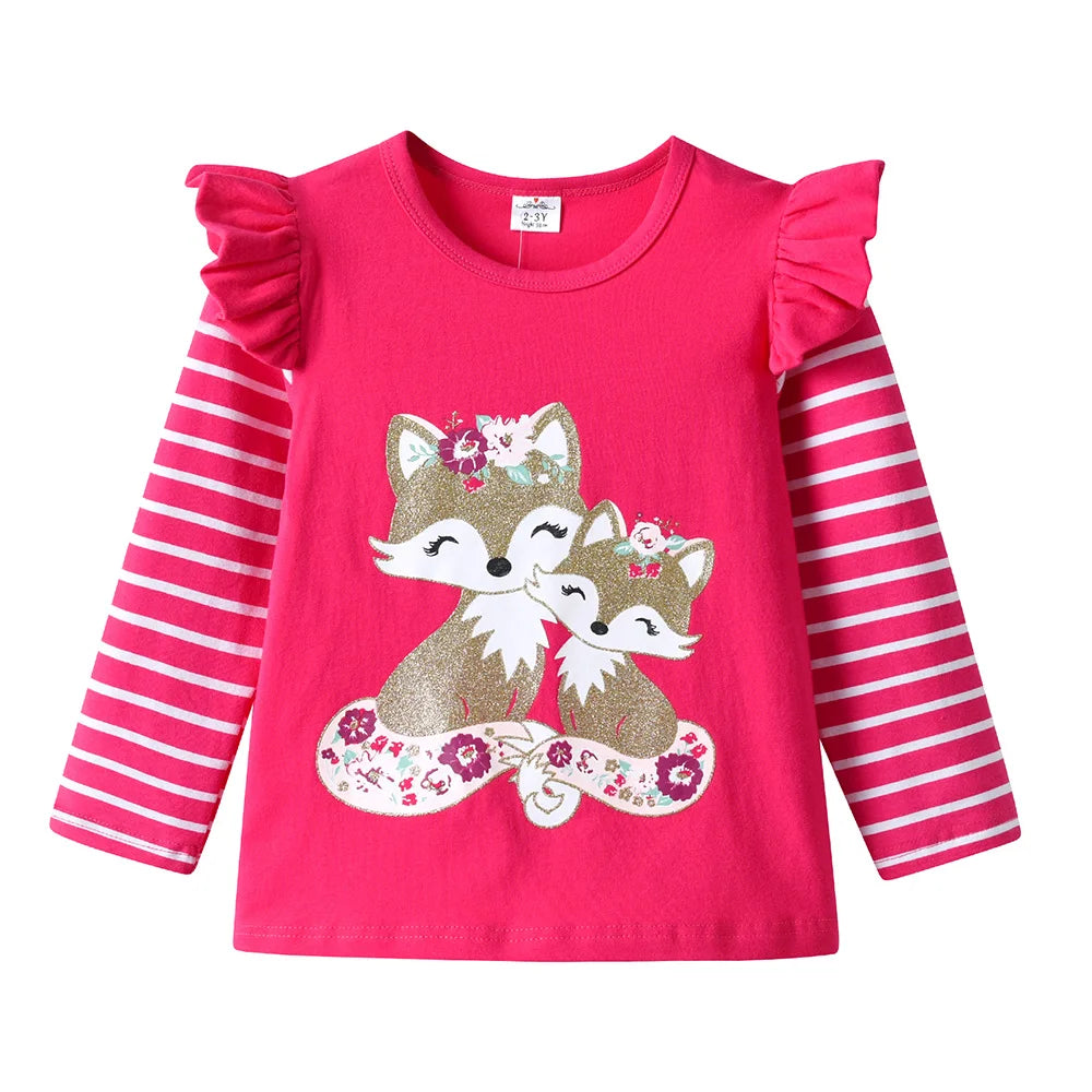 VIKITA Toddlers Rose Colored Long Sleeve Striped T Shirts Kids Based Casual Daily Cute Fox Floral Cartoon Print Cotton Tops Tees