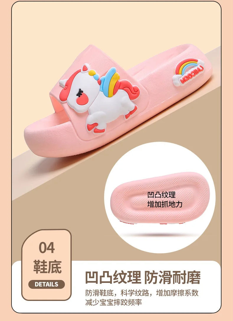 Summer Kids Home Shoes Flip Flops Baby Girls Slippers for Children Cartoon Unicorn Bathroom Antislip Thick Sole Slides 2-8 Years