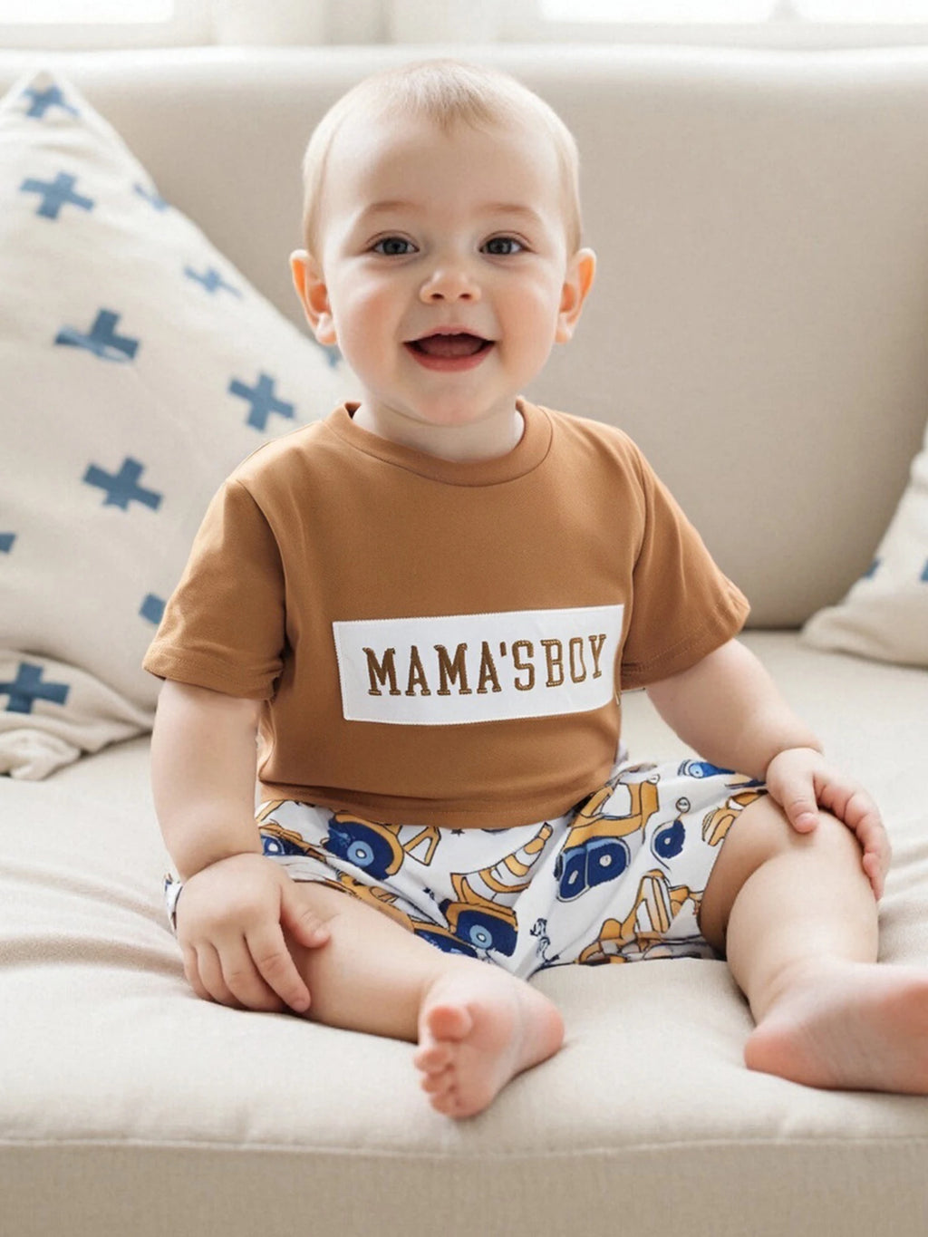 Adorable Baby Boys Summer Outfits with Fun Letter Print T-Shirt and Cute Digger Print Shorts Set for 2-Piece Stylish Ensemble