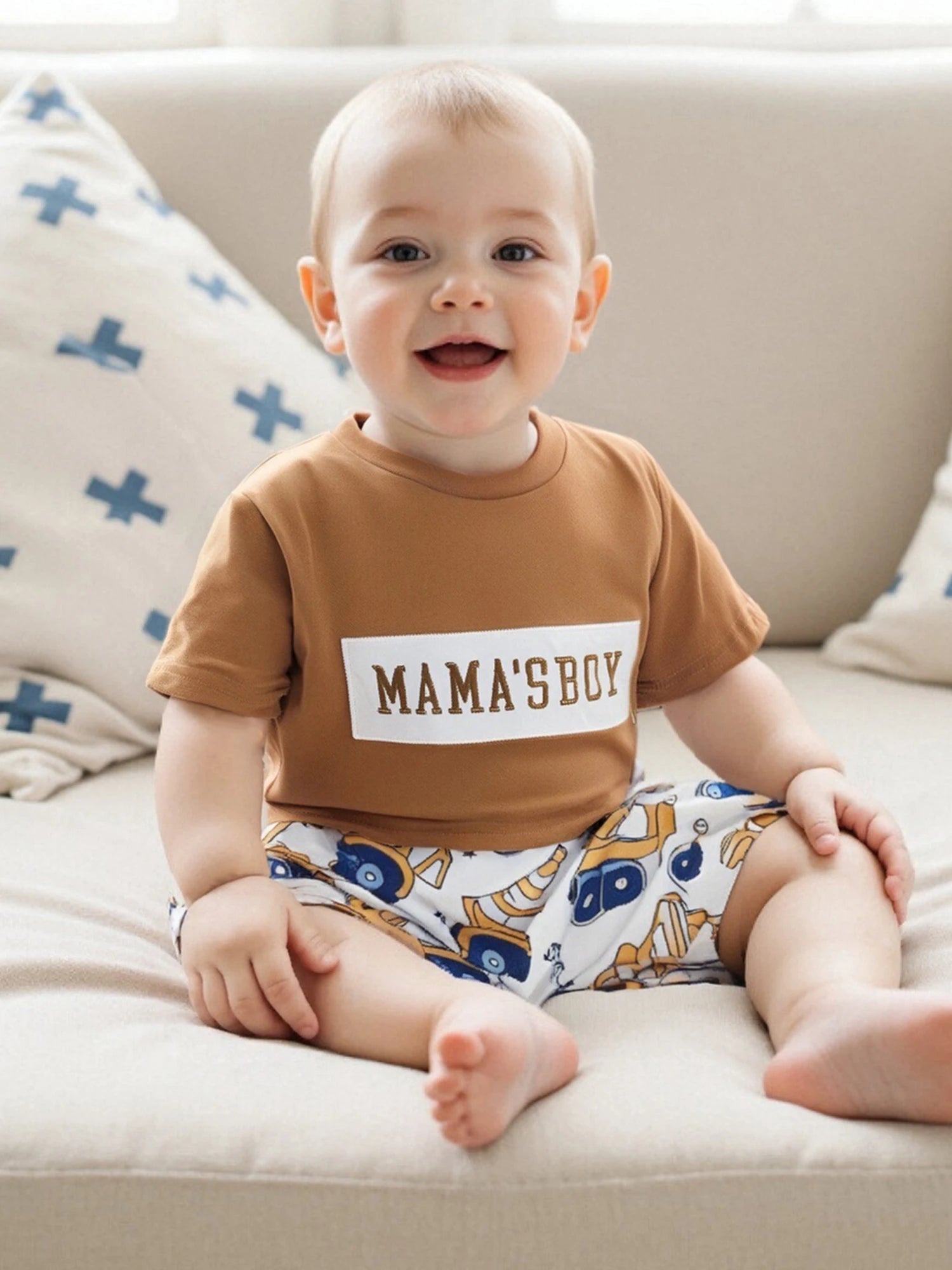 Adorable Baby Boys Summer Outfits with Fun Letter Print T-Shirt and Cute Digger Print Shorts Set for 2-Piece Stylish Ensemble
