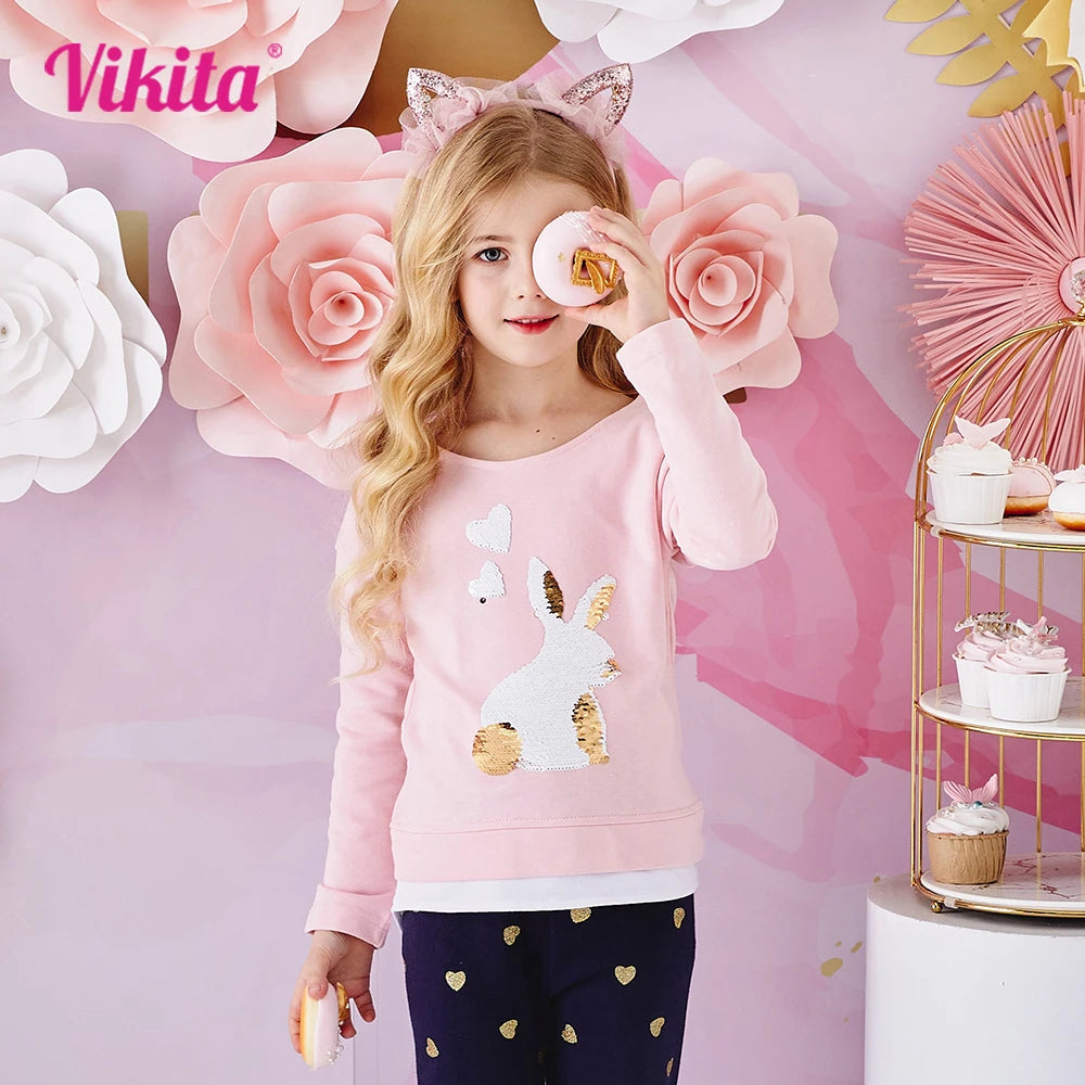 VIKITA Girl Long Sleeve Autumn Spring O Neck T Shirt Kids Rabbit Sequined Appliqued Cotton Casual Tops and Tees Children Clothes
