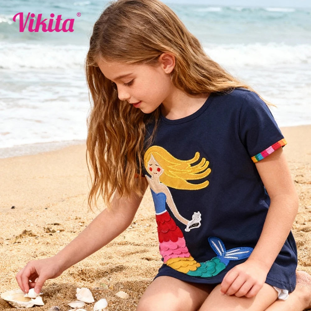Toddlers Short Sleeve Colorful Mermaid Appliqued T Shirt Kids 100% Cotton Casual T Shirts Girls Beach Vacation Summer Tops Wear