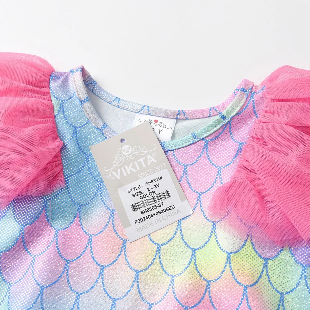 VIKITA Kids Flare Sleeve Dress Girls Summer Vestidos Toddlers Mermaid Print Dresses Girl Irregular Mesh Tulle Layered Cake Dress