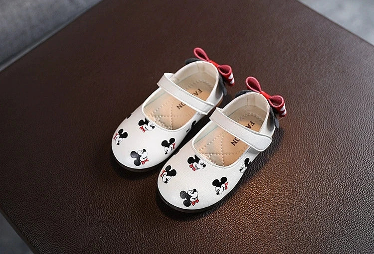 Disney Casual Shoes Kids Mickey Mouse Shoes For Girls Outdoor White Pink PU Leather Children Flats Soft Toddler Size 21-30