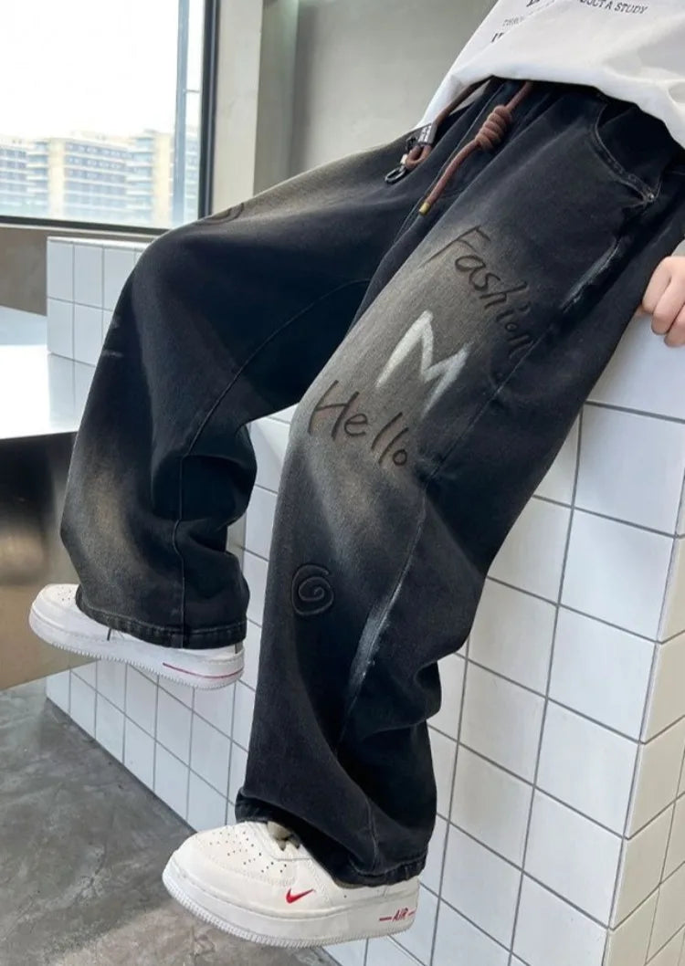Boys' Trendy Streetwear Jeans for Spring/Fall - Loose Fit Straight-Leg Wide-Leg Denim Pants for Boys 8-14