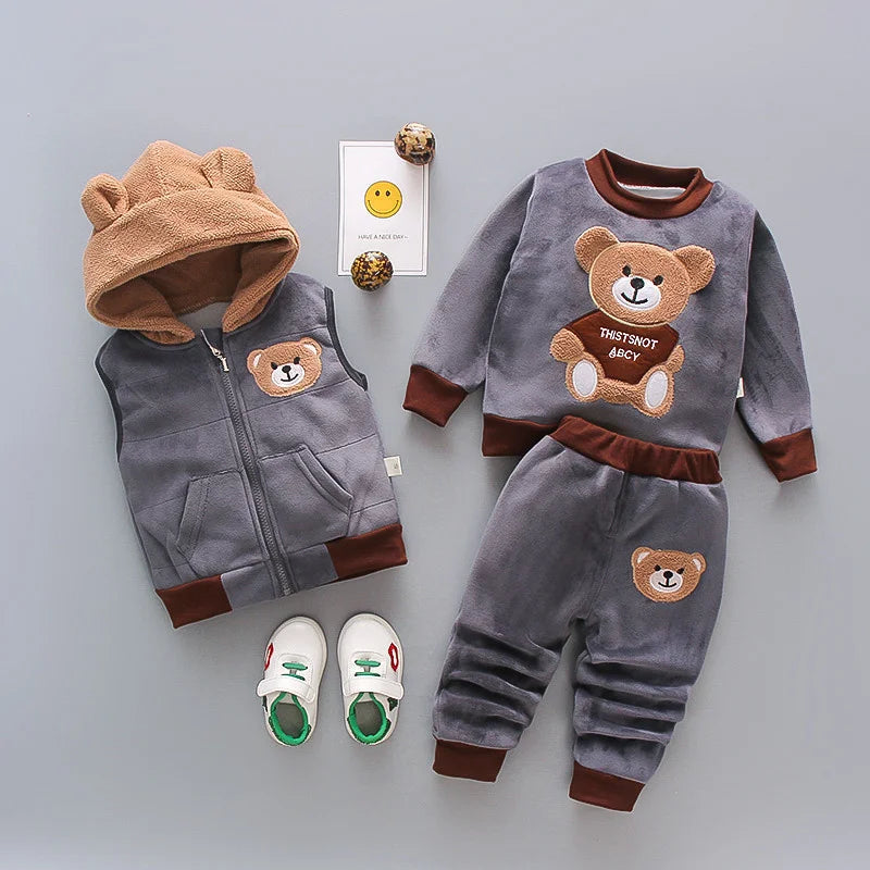 New Winter Baby Girls Clothes Suit Children Boys Thicken Warm Hooded Vest T-Shirt Pants 3Pcs/Set Toddler Costume Kids Tracksuits