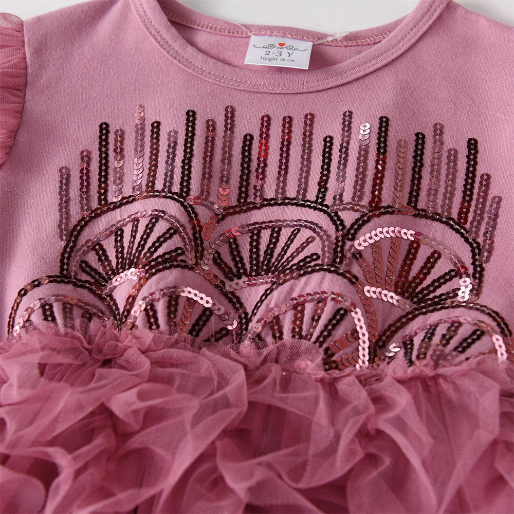 Girls Pink Ruffled Tulle Layered Mesh Cake Tutu Dress Kids Sequins Appliqued Glittery Shiny Performance Party Princess Dresses
