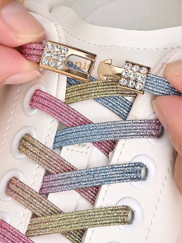 1Pair No Tie Shoe Laces Diamond Buckle Elastic Lace Shoelaces Pearl Light Colorful Fashion Without Ties Laces Sneaker Kids Adult