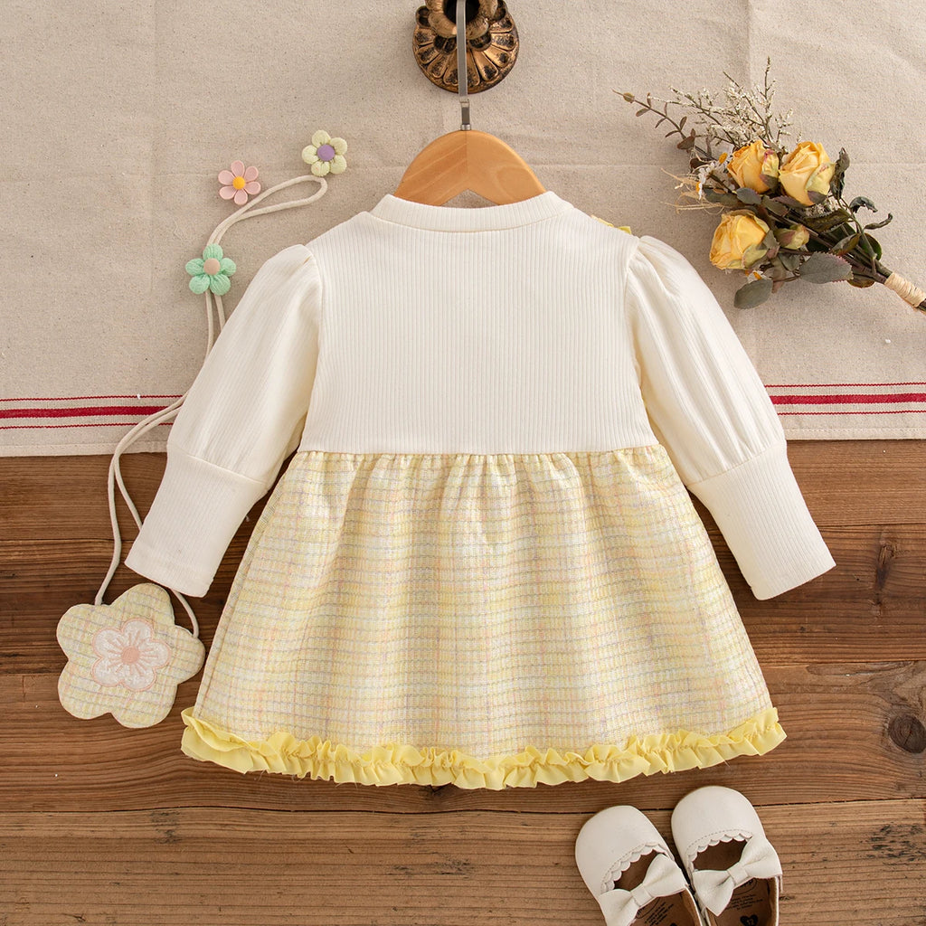 9 Months -3 Years Old Spring And Autumn New Simple Striped Baby Girl Dress, White Long Sleeved Children'S Clothing + Flower