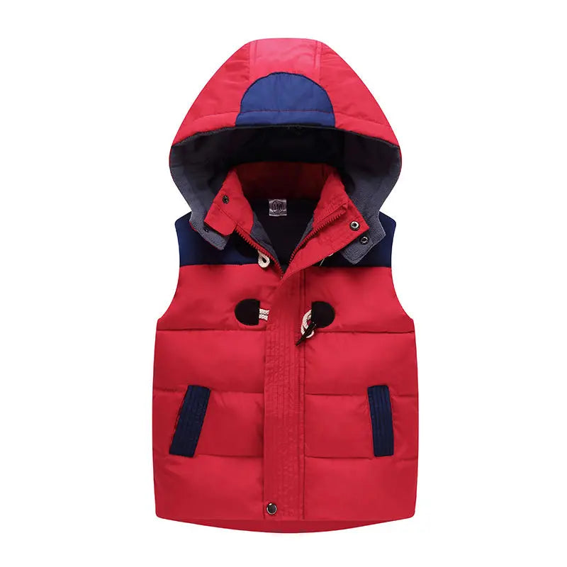 Kids' Autumn Winter Thickened Cotton Hooded Vest with Detachable Hood Soft Lambswool Lined Stand Collar Outerwear for Boys