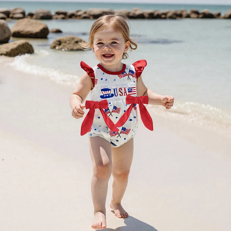 Toddler Girls Patriotic Sleeveless Romper with Ruffled Hem and American Flag Print for 4th of July Celebration