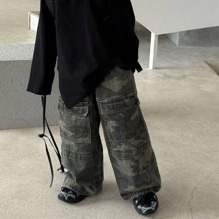 Boys' Vintage Hip-Hop CAMO Wide-Leg Jeans Kids' Spring Autumn 2025 New Release Medium-Large Denim Pants