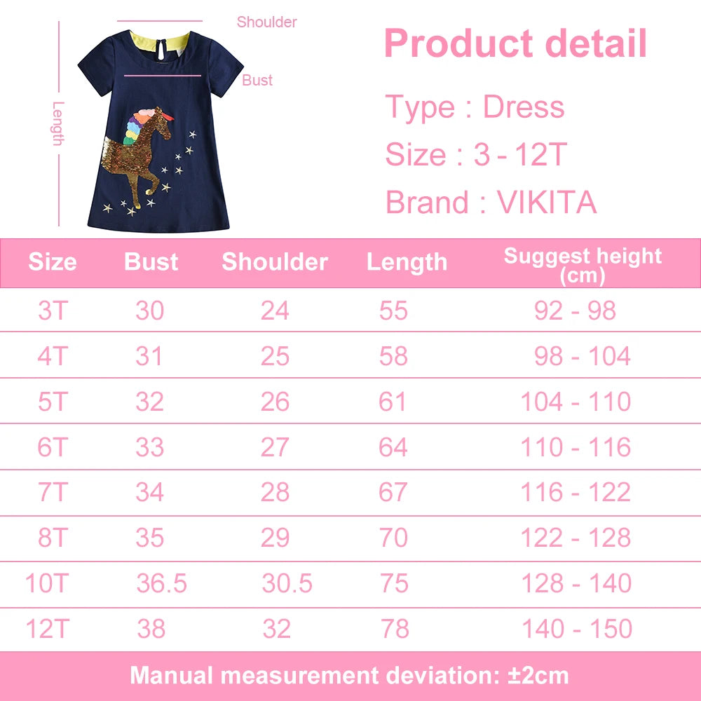 VIKITA Girls Summer Short Sleeve Straight Vestidos Kids Navy Blue Cotton Casual School Daily Licorne Sequined Appliqued Dresses