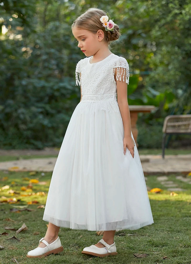 Christmas Girl's New Bohemian Style Lace Tassel Flower Backless Solid Color Fashionable and Atmospheric Gathering Mesh Dress