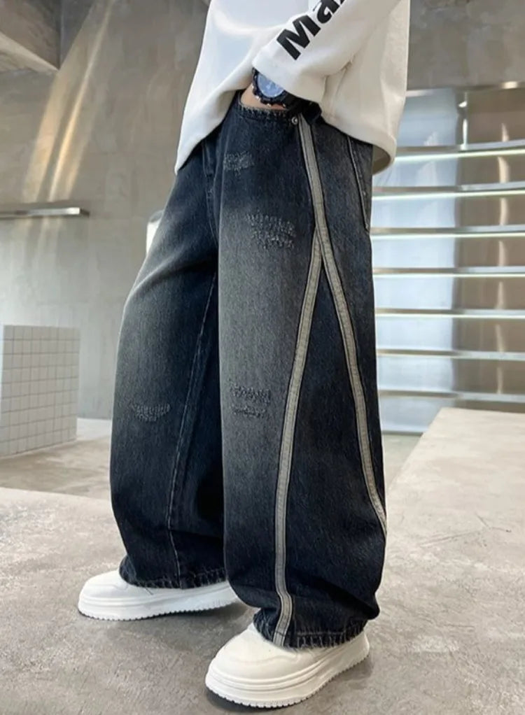 2025 New Boys Straight Jeans Big & Tall Kids Autumn Winter Denim Pants Boys Long Jeans