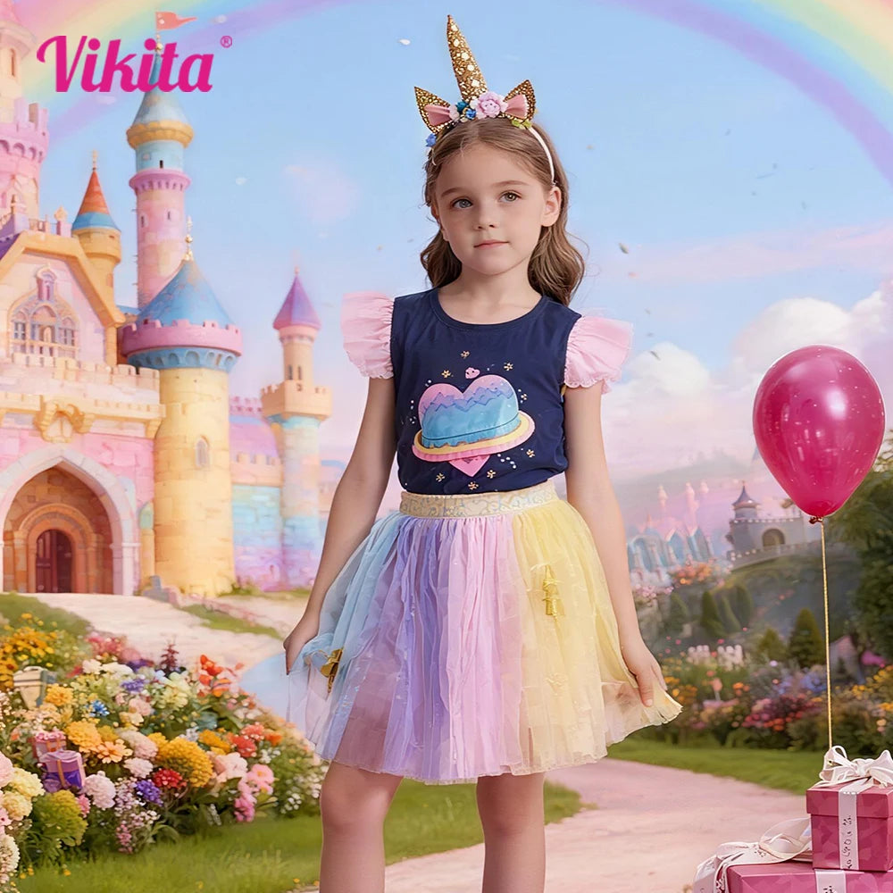 VIKITA Girls Summer Clothing Sets Kids Flare Sleeve Heart Cotton Tops Tees and Rainbow Mesh Tulle Skirts 2 Pcs Children Clothes