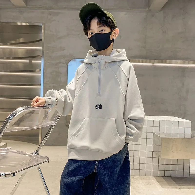 2025 New Boys' Mid-Large Spring-Autumn & Autumn-Winter Fleece-Lined Thickened Hooded Hoodie - Trendy Streetwear Boys' Top