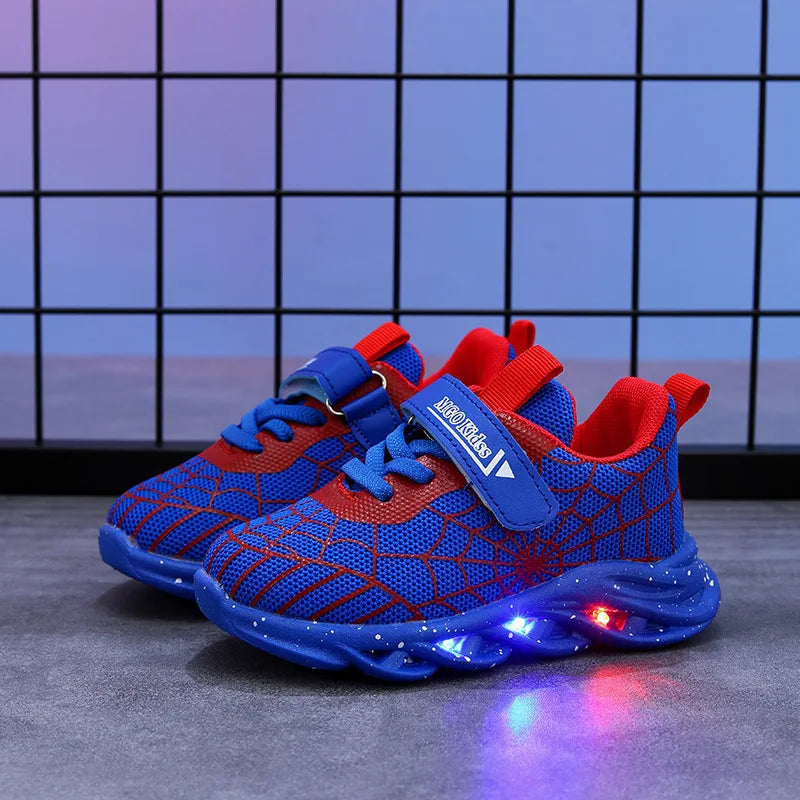Disney LED Casual Sneakers Spider-Man Red Black For Spring Boys Mesh Outdoor Shoes Children Lighted Non-slip Shoes Size 21-30