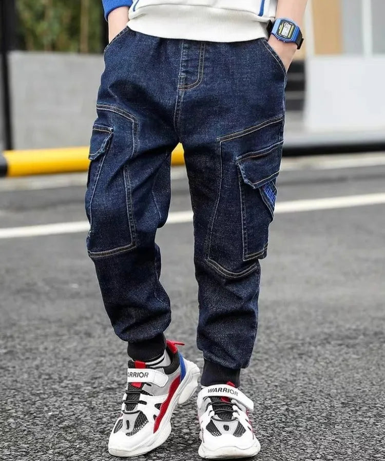 Autumn Winter Boys Fleece-Lined Cargo Pants/Korean Style Thickened Jeans for Toddler Boys