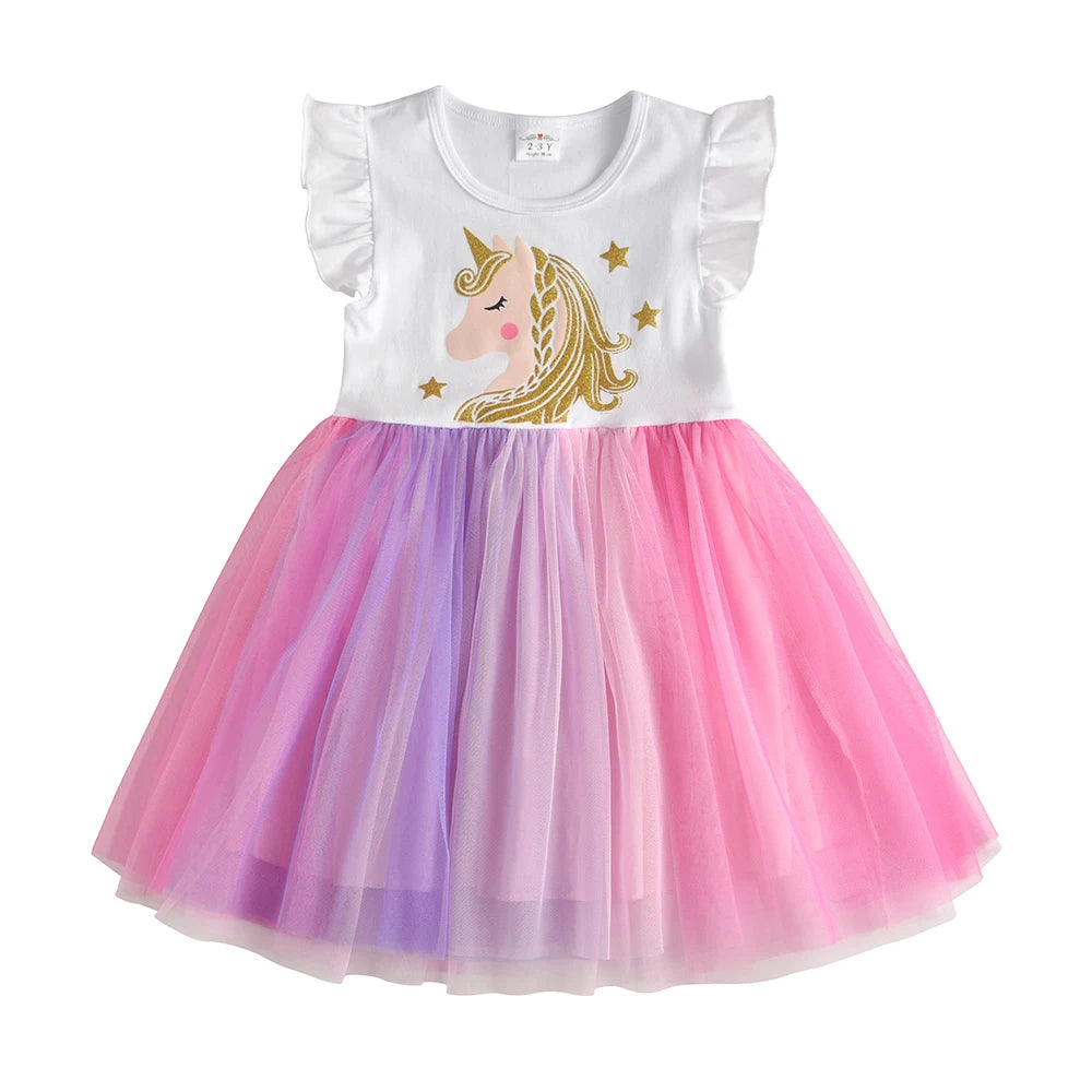VIKITA Girls Flare Sleeve Summer Vestidos Girls Licorne Print Cartoon Patchwork Dress Girl Party Princess Cute Mesh Tulle Dress