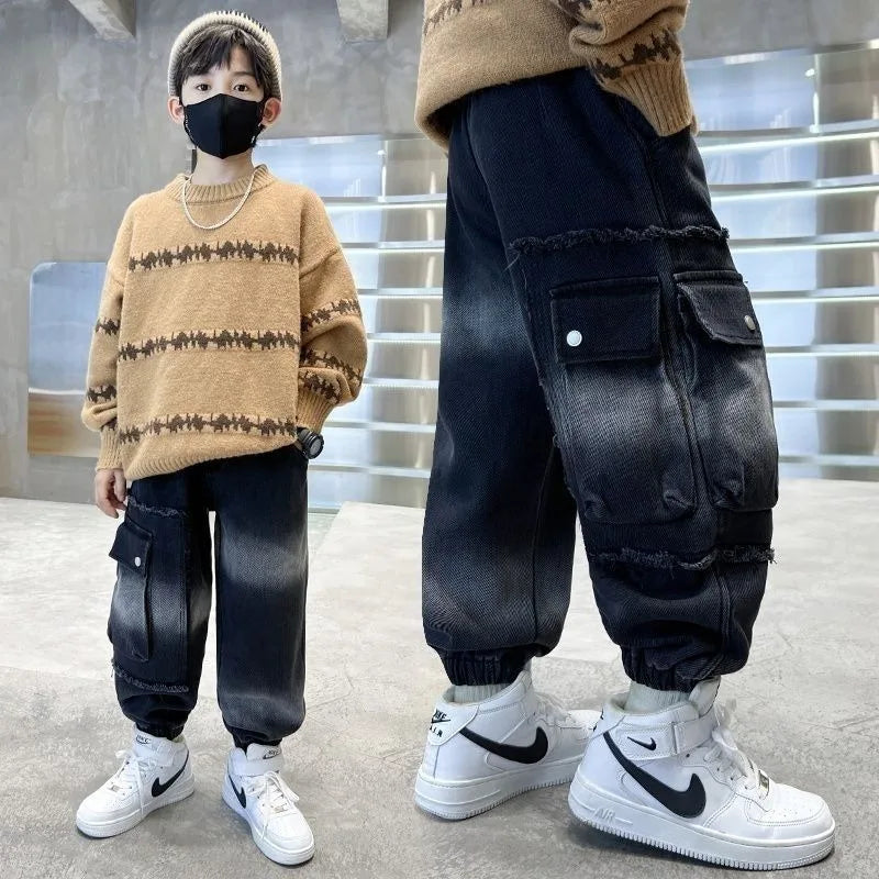 2025 Boys' Cargo Pants All-Season Washed Tie-Dye Denim Long Pants Trendy Casual Style