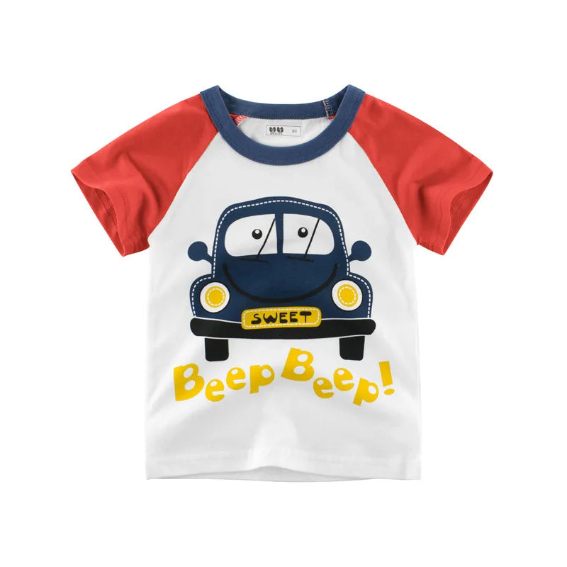 2025 Summer 2 3 4 5 6 8 10 Years Children'S Clothing Dinosaur Car Striped Tees All Match Basic Tops Cartoon T-Shirt For Kids Boy